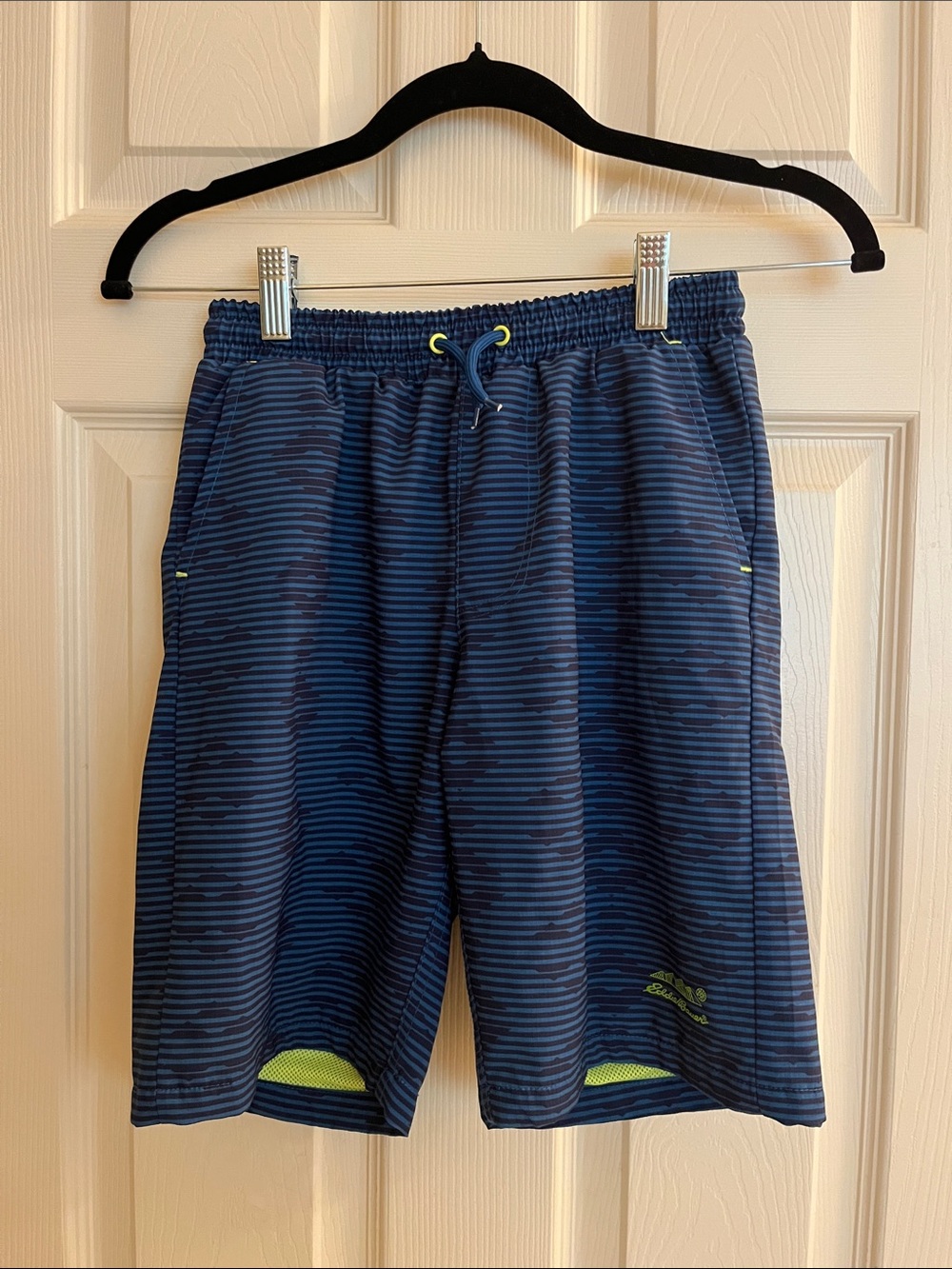 Eddie Bauer Navy Blue Striped Athletic Shorts with Lime Accents